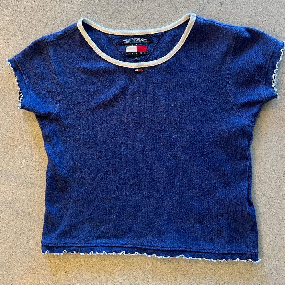 Vintage Tommy Hilfiger Ruffled Edge Cropped Blue T-Shirt Size S